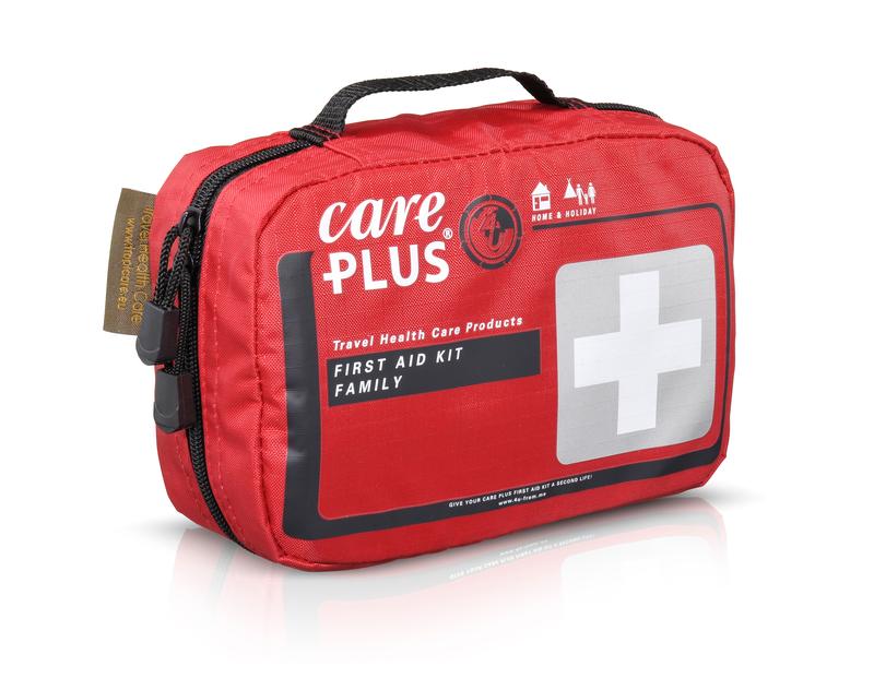 Care Plus Family First Aid Kit set with assorted medical supplies and bandages for home and travel use.