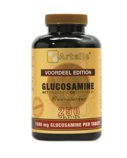 Artelle Glucosamine 1500mg supplement, 250 tablets in a bottle, designed to support joint health and mobility.
