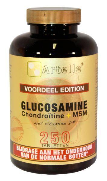 Artelle Glucosamine chondroitine MSM 250 tablets, mineral supplement showing the bottle and tablets on a white background.
