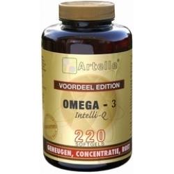 Artelle Omega 3 1000mg Vetzuren capsules, 220-count bottle, with clear view of the supplement capsules.