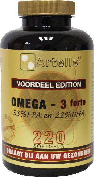 Artelle Omega 3 Forte 1000mg softgels, Vetzuren supplement bottle with 220 softgel capsules.