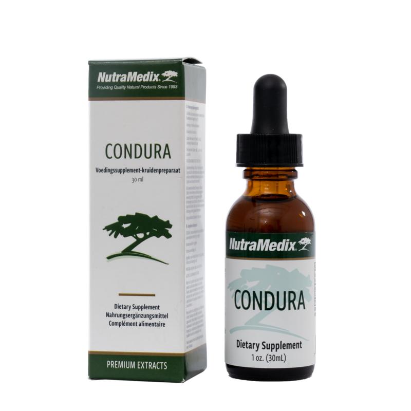Bottle of Nutramedix Condura herbal supplement in a 30ml container, part of Nutramedix's kruidenpreparaten line.