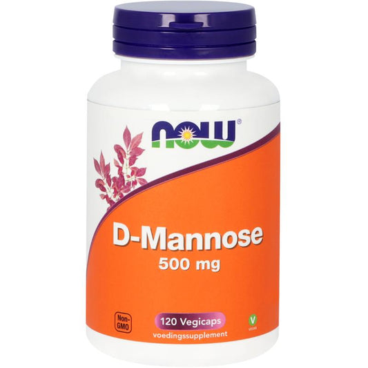 NOW D-Mannose 500mg vegetarian capsules, herbal supplement in a white bottle with a label, displayed on a plain background.