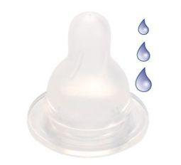 Difrax soft baby bottle nipple set with natural 1-2-3 flow, two pieces, designed for infant feeding, in clear silicone material.