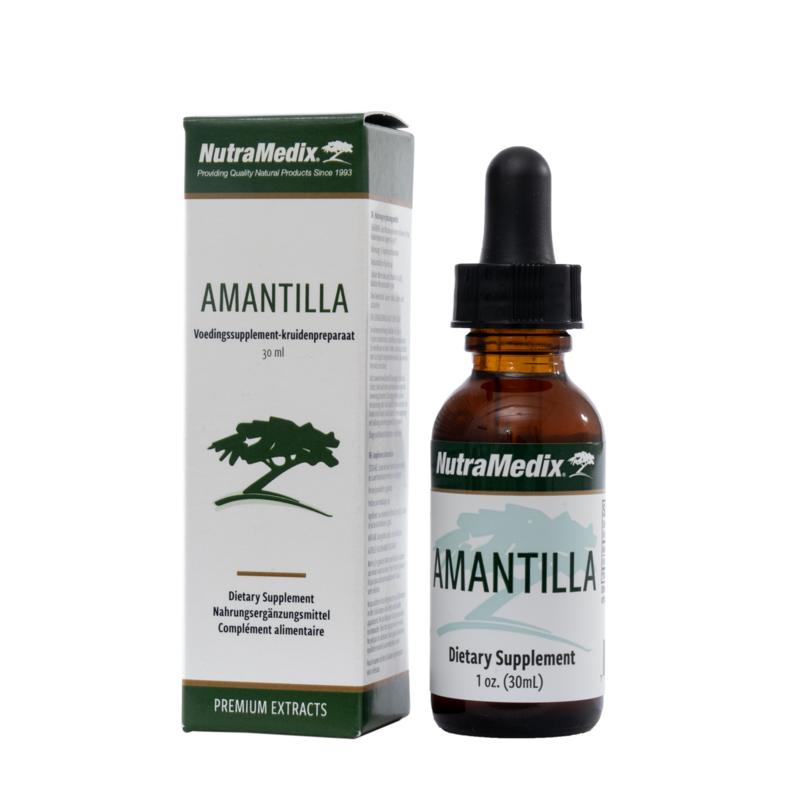 Bottle of Nutramedix Amantilla herbal preparation in a 30ml container, featuring the product label and packaging details.