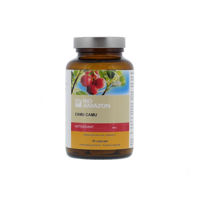RIO Camu Camu capsules, herbal supplement in a bottle, showing 60 capsules for immune support and vitamin C intake.