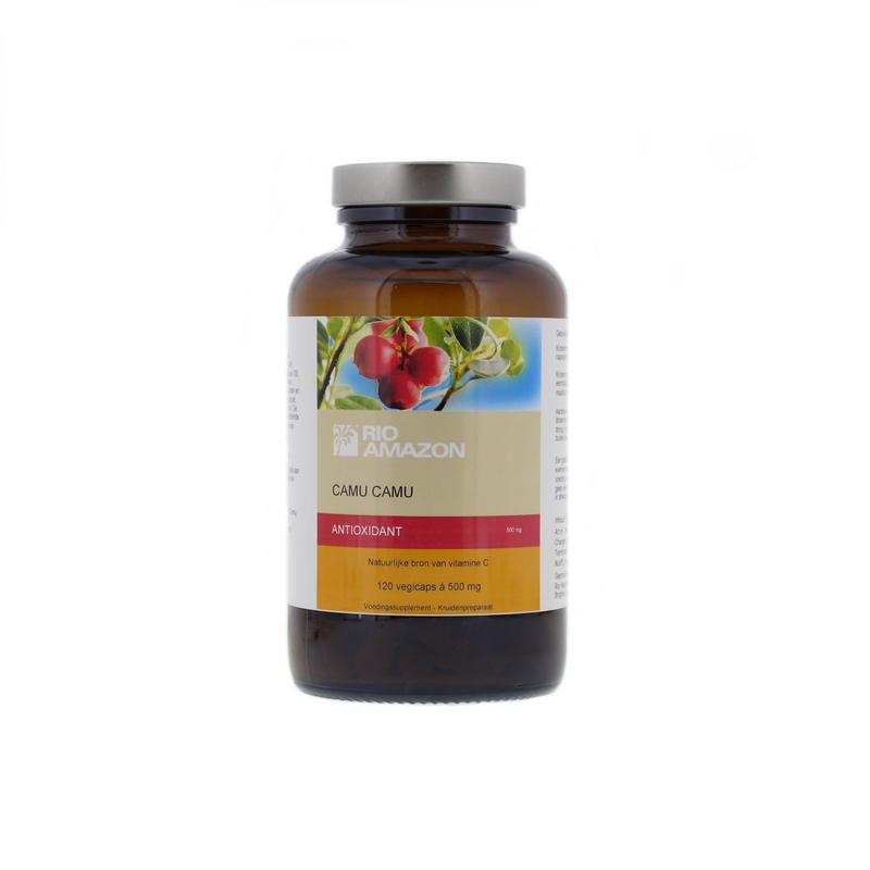 RIO Camu Camu capsules, dietary supplement in clear bottle with label, showcasing 120 capsules of kruidendigestive preparation.