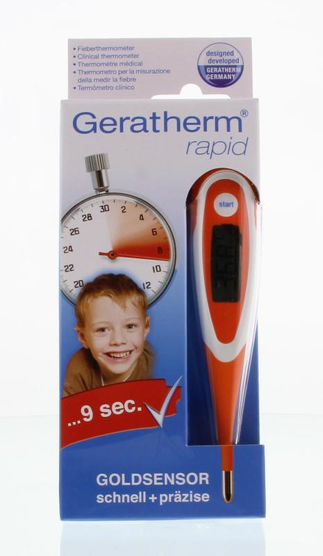 Geratherm rapid thermometer showing digital display and probe, designed for quick temperature readings.