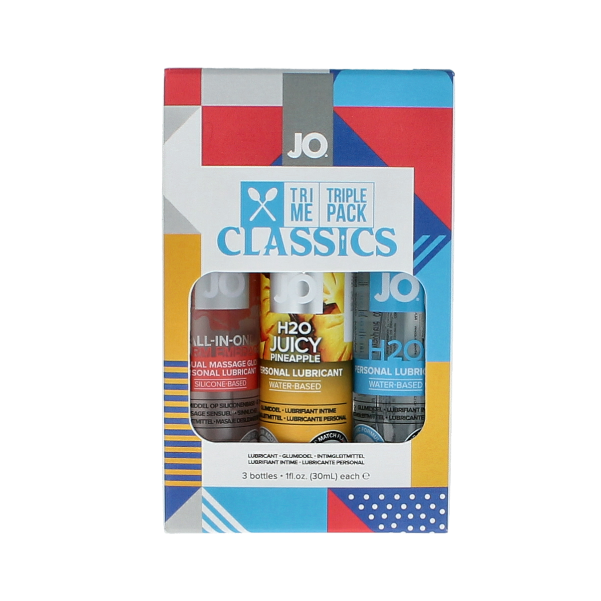System Jo Tri Me Triple Pack Classics body care set featuring three bottles of personal lubricants in the packaging.
