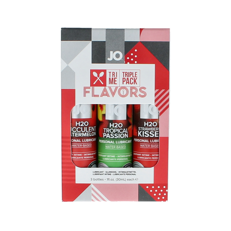 System Jo Tri-Me triple pack of flavored lubricants, featuring three different varieties in a set, for added intimacy and comfort.