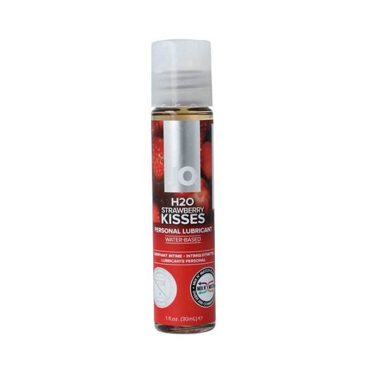 System Jo H2O aardbei glijmiddel in 30ml bottle, smooth and flavored personal lubricant with strawberry scent.