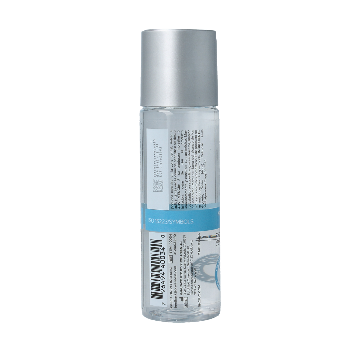 System Jo H2O Lubricant bottle, 60ml, clear water-based lubricant for intimate use, with a sleek design and white cap.