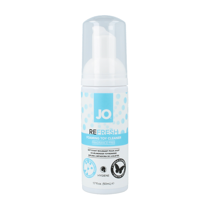 System Jo Refresh foaming toy cleaner bottle, 50ml, in a clear plastic container with label, designed for cleaning adult toys.