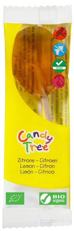 Candy Tree Citroen bio lollie, natural lemon-flavored candy on a stick, featuring bright yellow color and playful packaging.