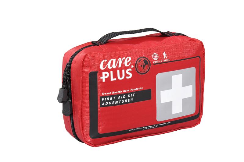 Care Plus first aid kit adventurer set with bandages, antiseptic, and supplies for emergency medical care.