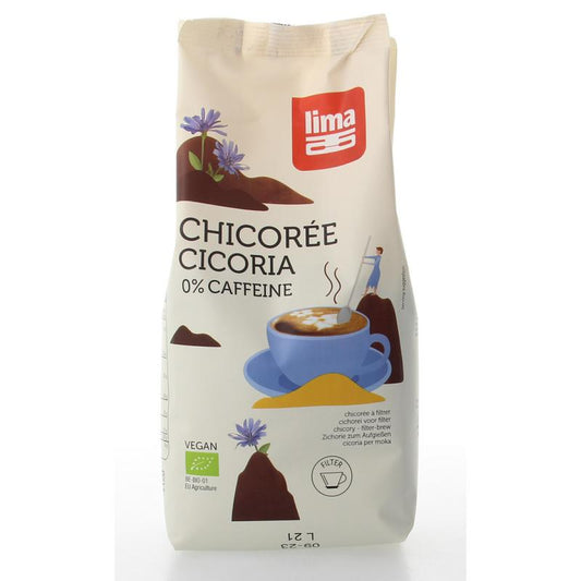 Organic Lima Cichorei coffee and tea blend in a 500g package, showcasing the product's packaging and label.