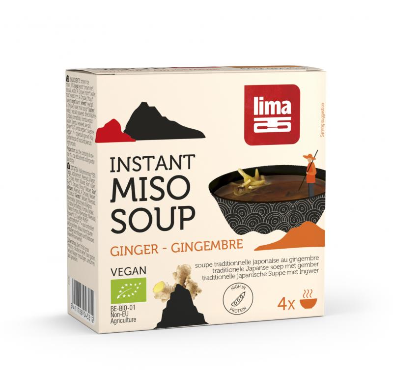 Lima instant miso soep met gember, 4 x 15g bio, in een kom met gesneden gember en groene kruiden voor een smakelijk gerecht