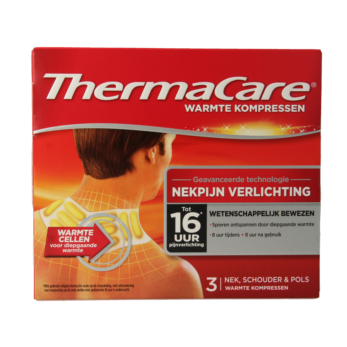 Thermacare warm and cold compress for neck, shoulder, and wrist pain relief, shown as a compact heat and cold therapy pad.