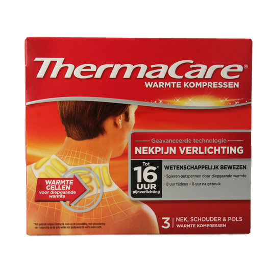 Thermacare warm and cold compress for neck, shoulder, and wrist pain relief, shown as a compact heat and cold therapy pad.