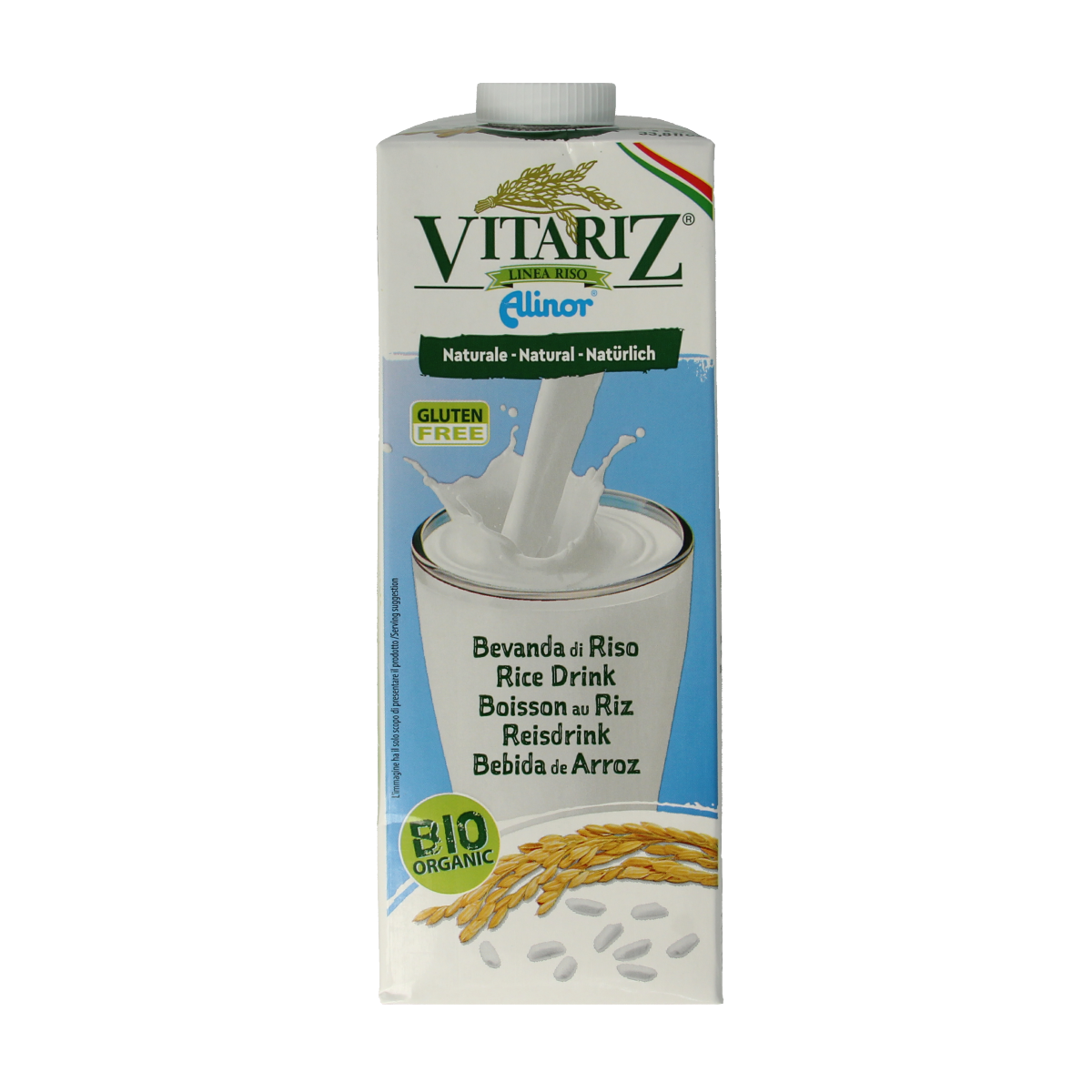Vitariz rice drink natural bio in 1 liter bottle, showing the beverage with rice grains on the label.