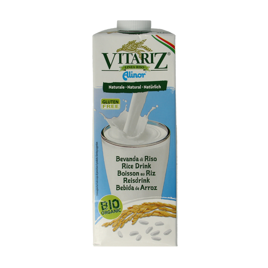 Vitariz rice drink natural bio in 1 liter bottle, showing the beverage with rice grains on the label.