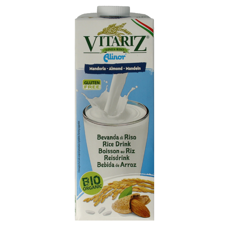 Vitariz bio almond rice drink in a 1-liter carton, showing the beverage with almonds and rice ingredients on the label.