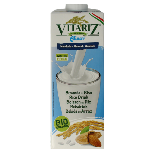 Vitariz bio almond rice drink in a 1-liter carton, showing the beverage with almonds and rice ingredients on the label.