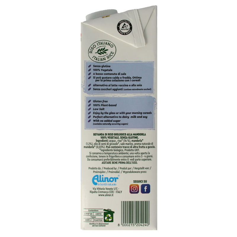 Vitariz organic almond rice drink in a 1-liter bottle, showcasing the beverage inside with almond and rice ingredients.