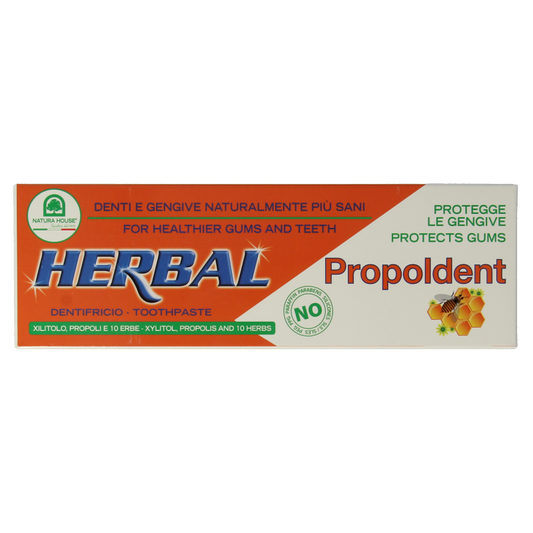 Natura House Propoldent toothpaste 100ml tube showing the packaging and label for oral care.