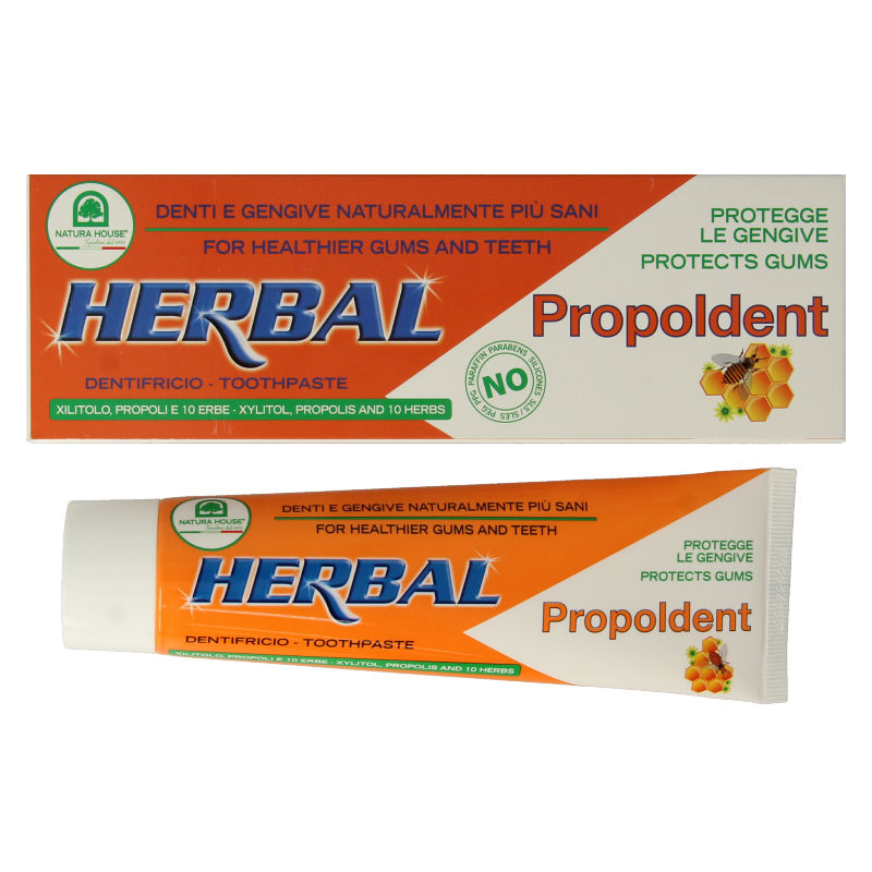 Natura House Propoldent toothpaste in 100ml tube, featuring a white and green packaging with natural ingredients.