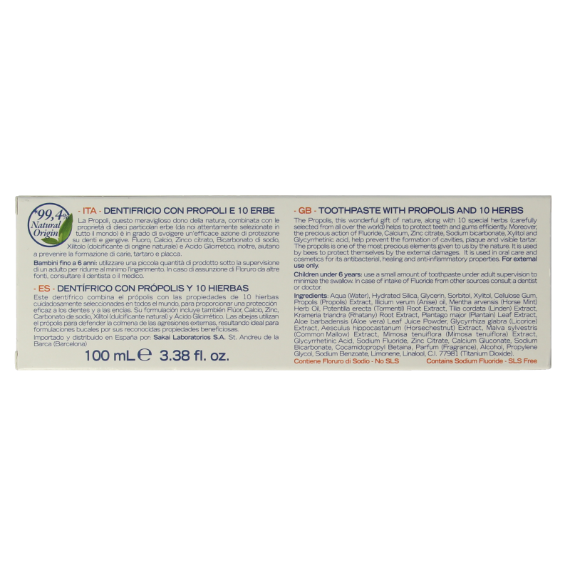 Natura House Propoldent toothpaste in 100ml tube, featuring white and green packaging, designed for dental care and oral hygiene.
