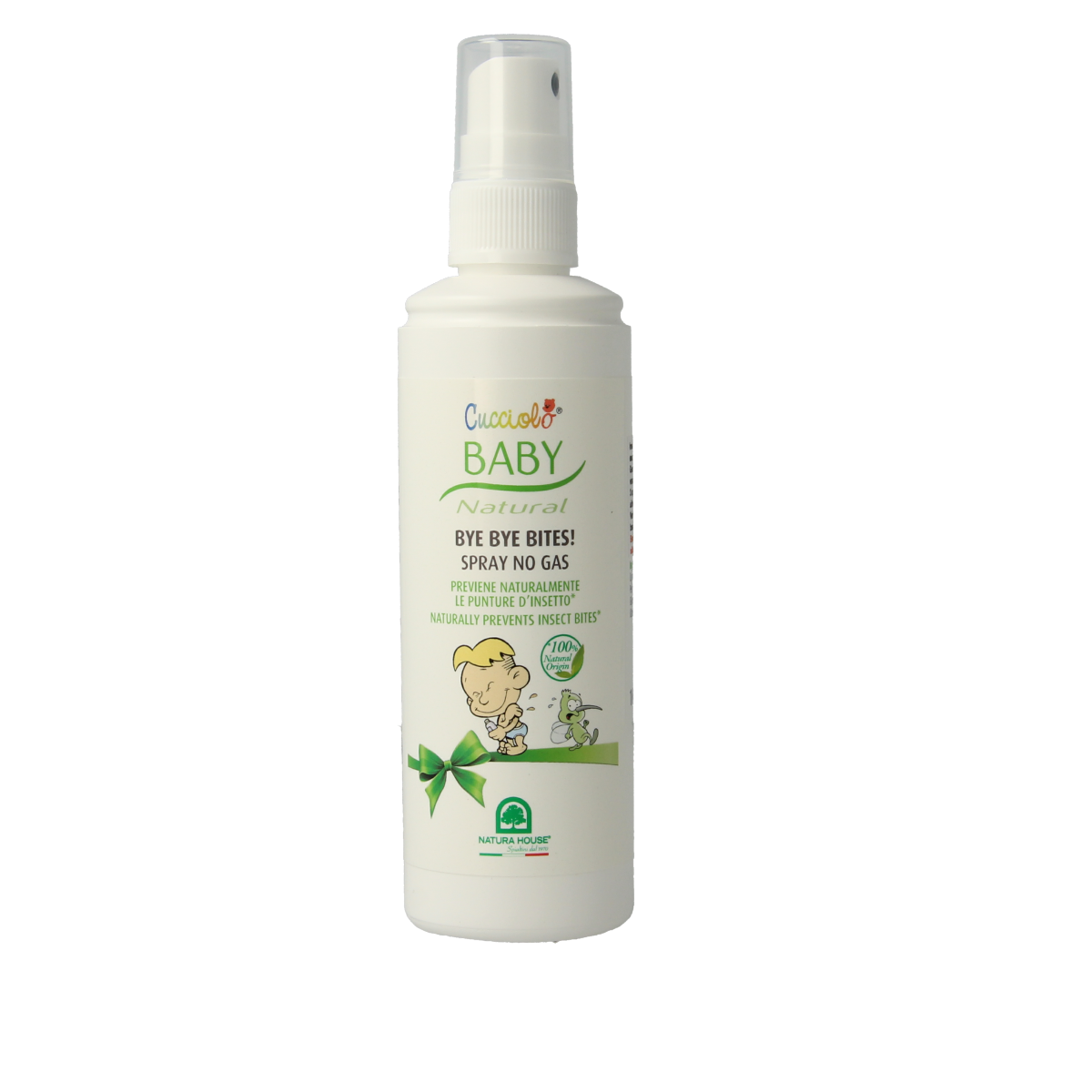 Cucciolo Baby anti-mug vapor spray bottle, 100ml, for baby and toddler care, with a clear design and pump spray nozzle.