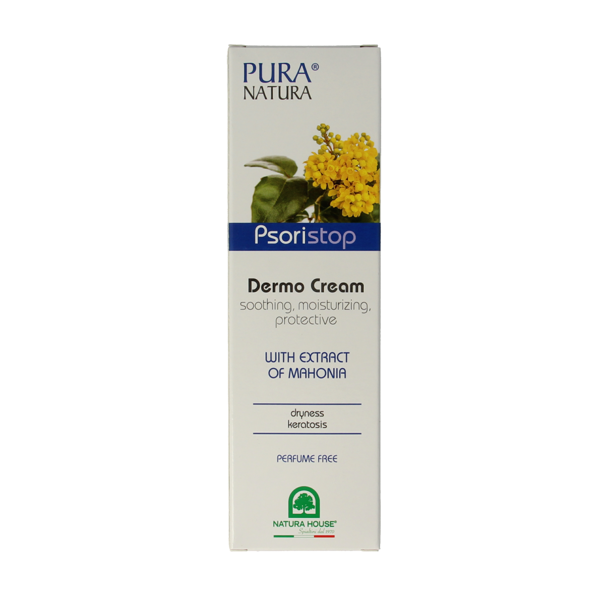Cream tube of Natura House Psoristop body care cream, 75ml, with a white and green packaging design.