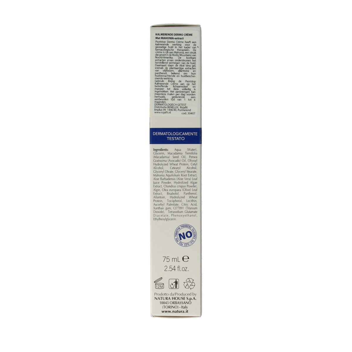Natura House Psoristop creme in 75ml tube, a body care product with a white and green packaging design.