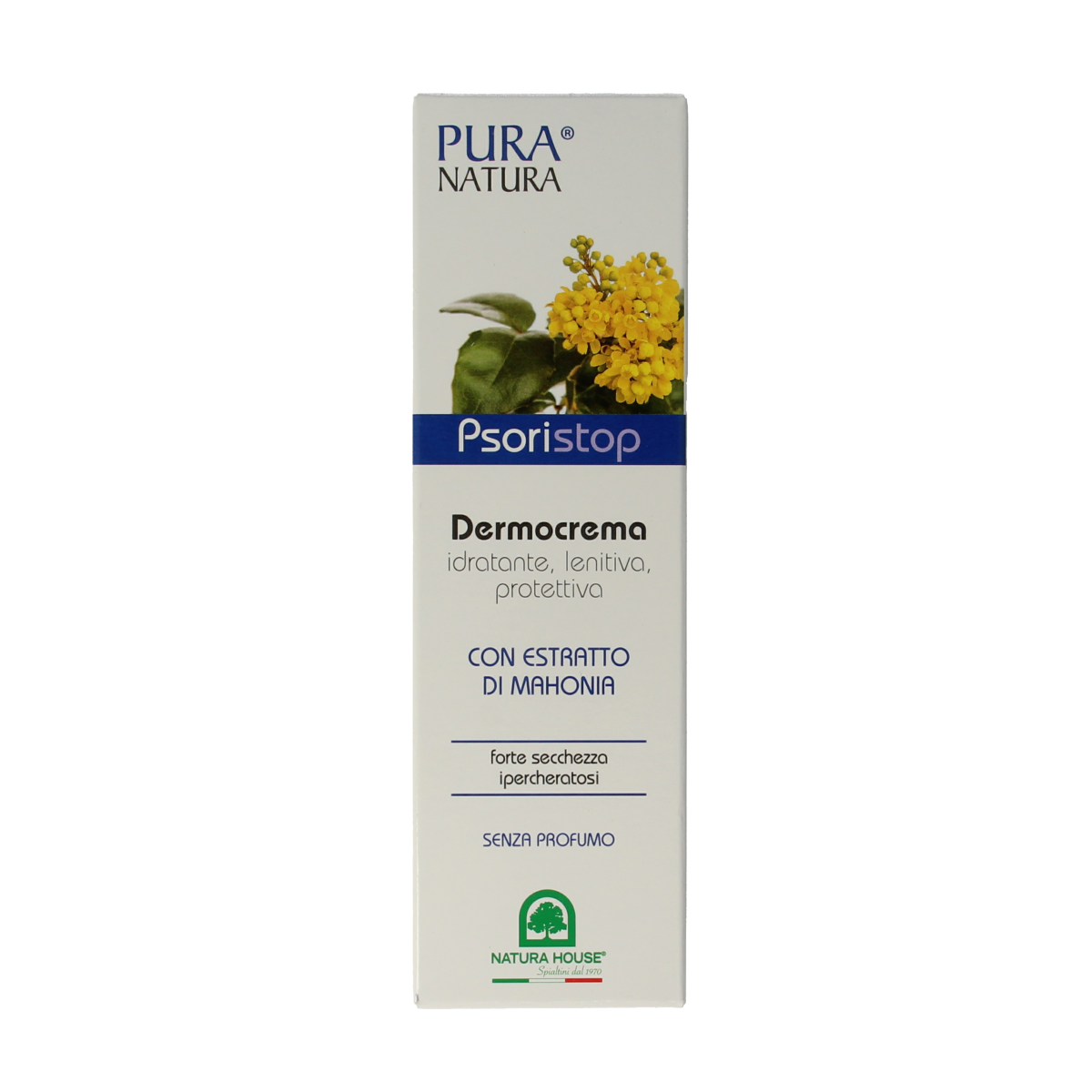 Natura House Psoristop creme in a 75ml tube, body care product for skin soothing and moisturizing.