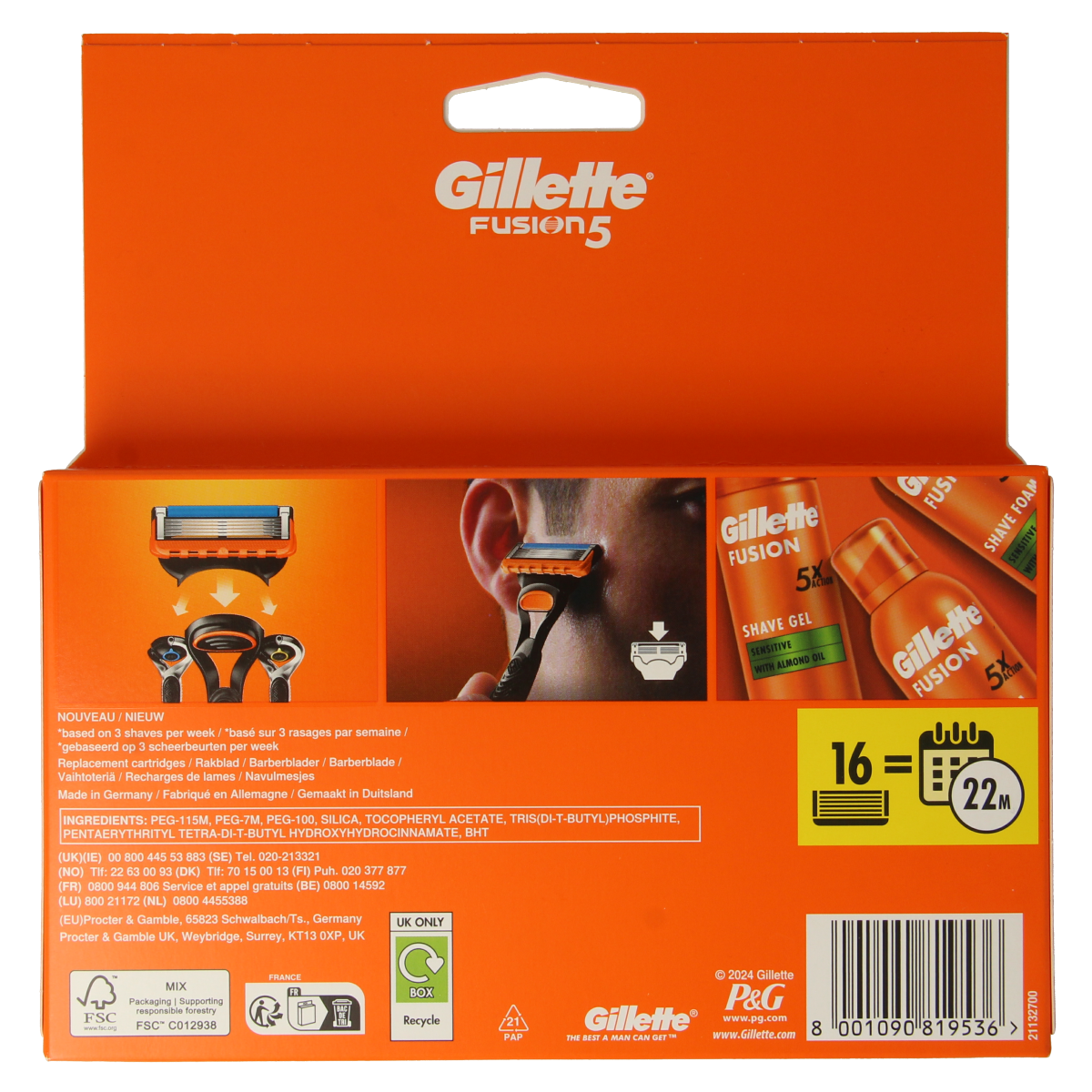 Gillette Fusion manual razor blades pack with 16 blades, designed for precise shaving and close results.
