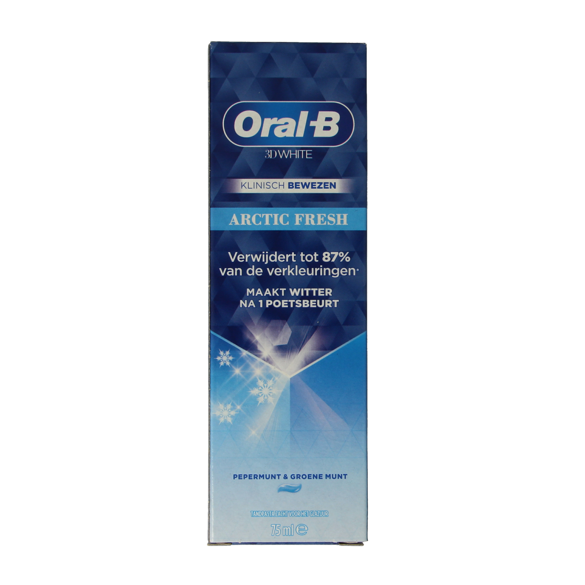Oral B 3D White Arctic Fresh toothpaste in 75ml tube, featuring bright packaging and fresh mint flavor.