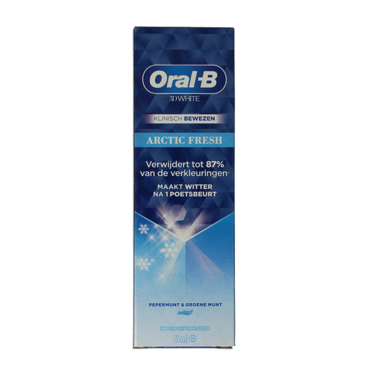 Oral B 3D White Arctic Fresh toothpaste in 75ml tube, featuring bright packaging and fresh mint flavor.
