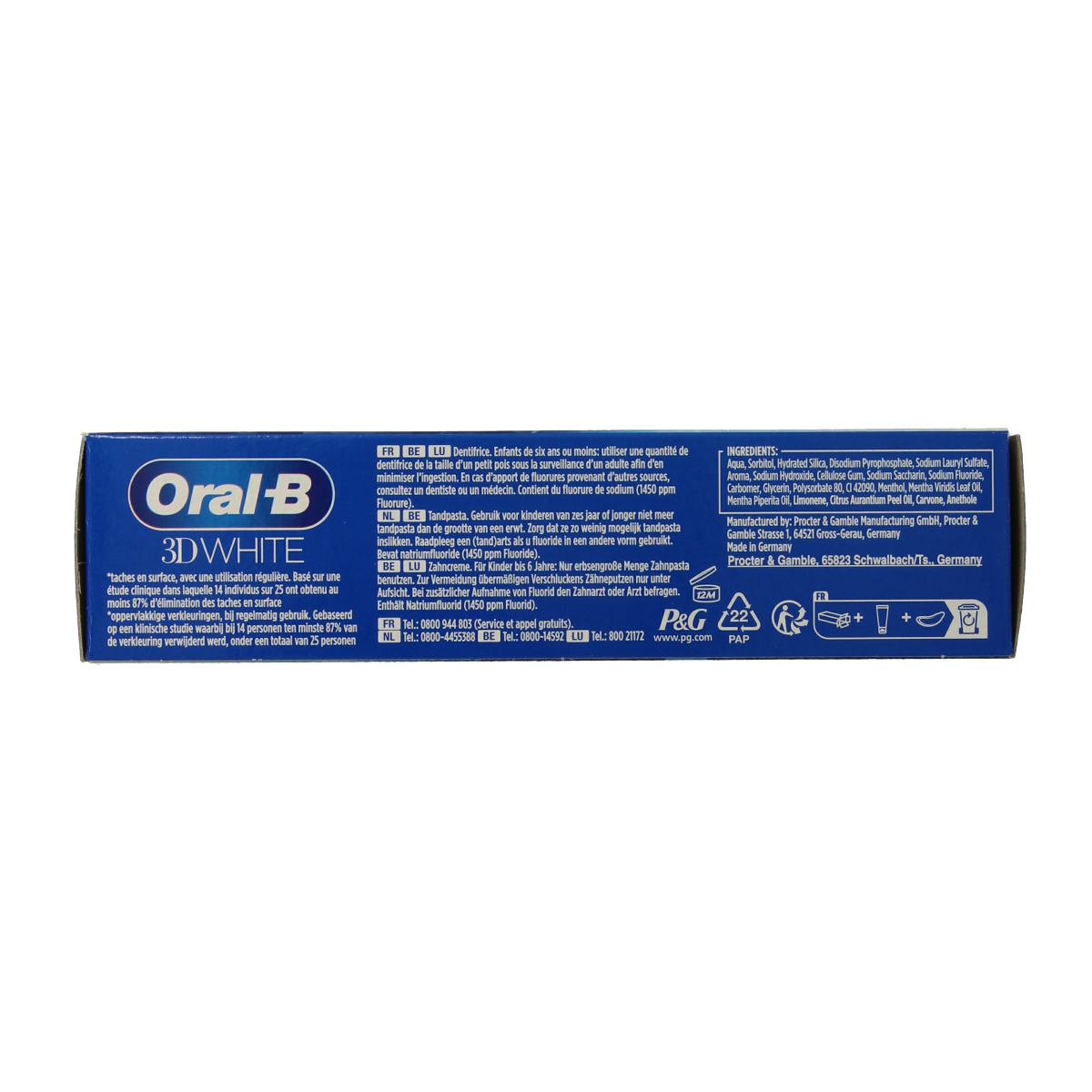 Oral B 3D White Arctic Fresh toothpaste tube, 75ml, with white and blue packaging and fresh mint flavor.