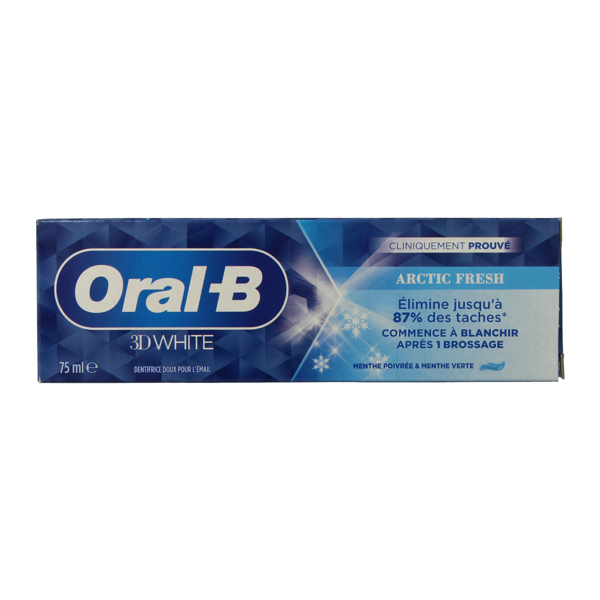 Oral B 3D White Arctic Fresh toothpaste in 75ml tube with white and blue packaging, designed for brightening teeth.