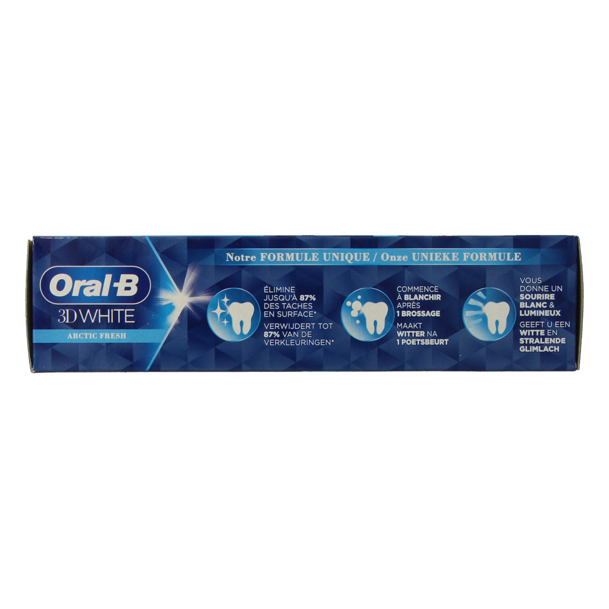 Oral B 3D White Arctic Fresh toothpaste tube, 75ml, featuring bright packaging and fresh mint flavor.