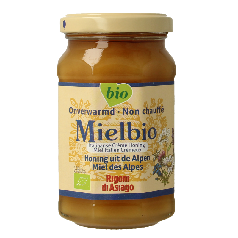 Organic Mielbio Alpen Creme honey jar with a golden honey filling and label, 300 grams, showcasing natural honey product.