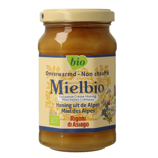 Organic Mielbio Alpen Creme honey jar with a golden honey filling and label, 300 grams, showcasing natural honey product.