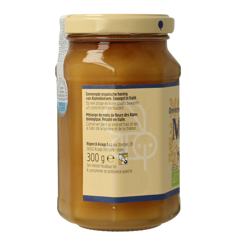Jar of Mielbio Alpen Creme Honing Bio, 300g, with golden honey visible in a clear glass container.