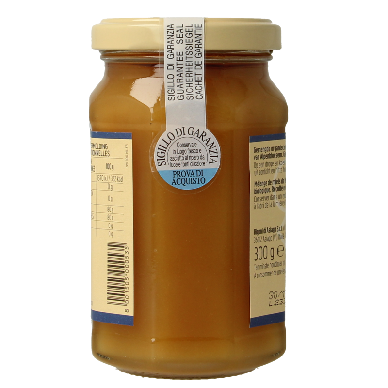 Mielbio Alpen Creme Honing bio in a 300g jar, smooth honey with natural golden color and textured surface.