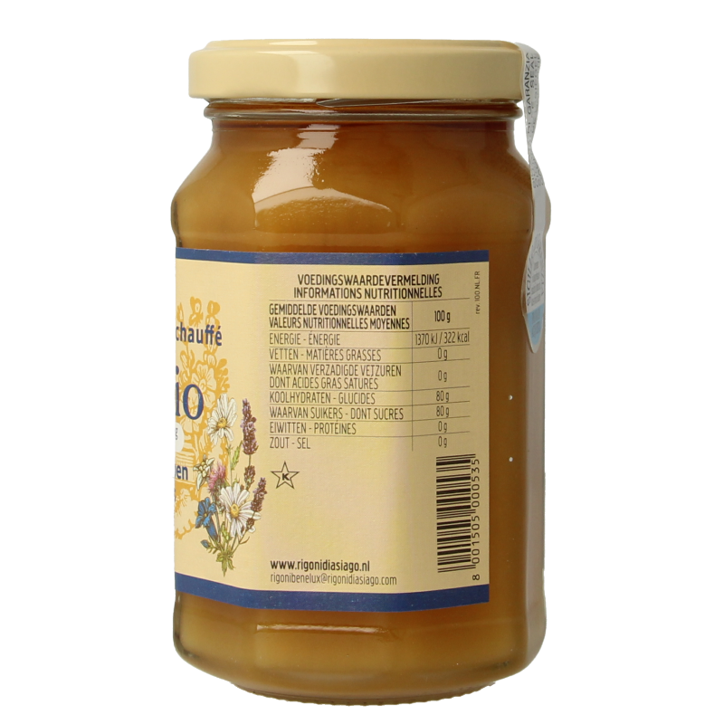 Mielbio Alpen creme bio honey jar with golden honey inside, 300 grams, natural organic honey from Mielbio.
