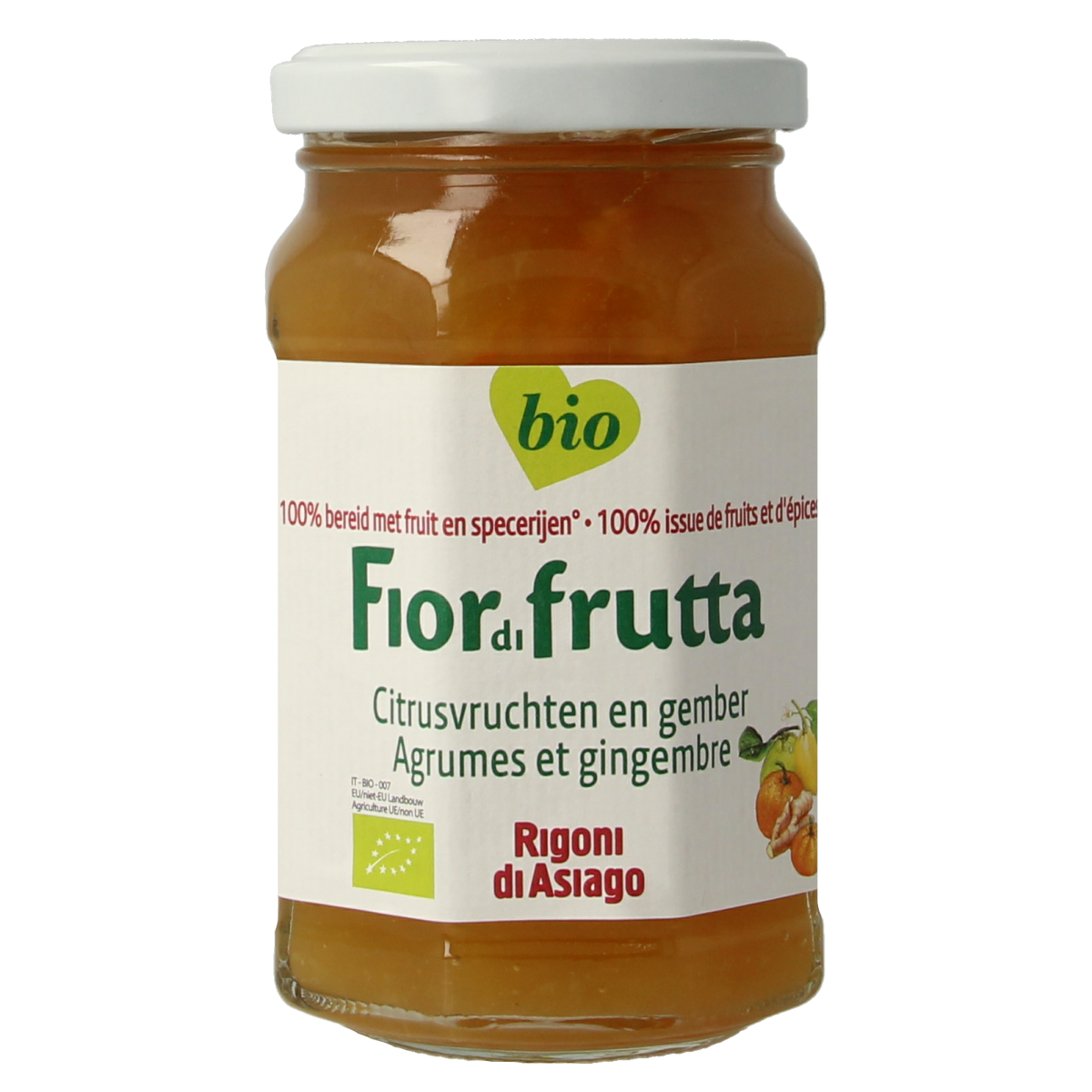 Fiordifrutta Citrusmix gemberjam bio, a 260g jar of organic citrus and ginger spread for bread or snacks.
