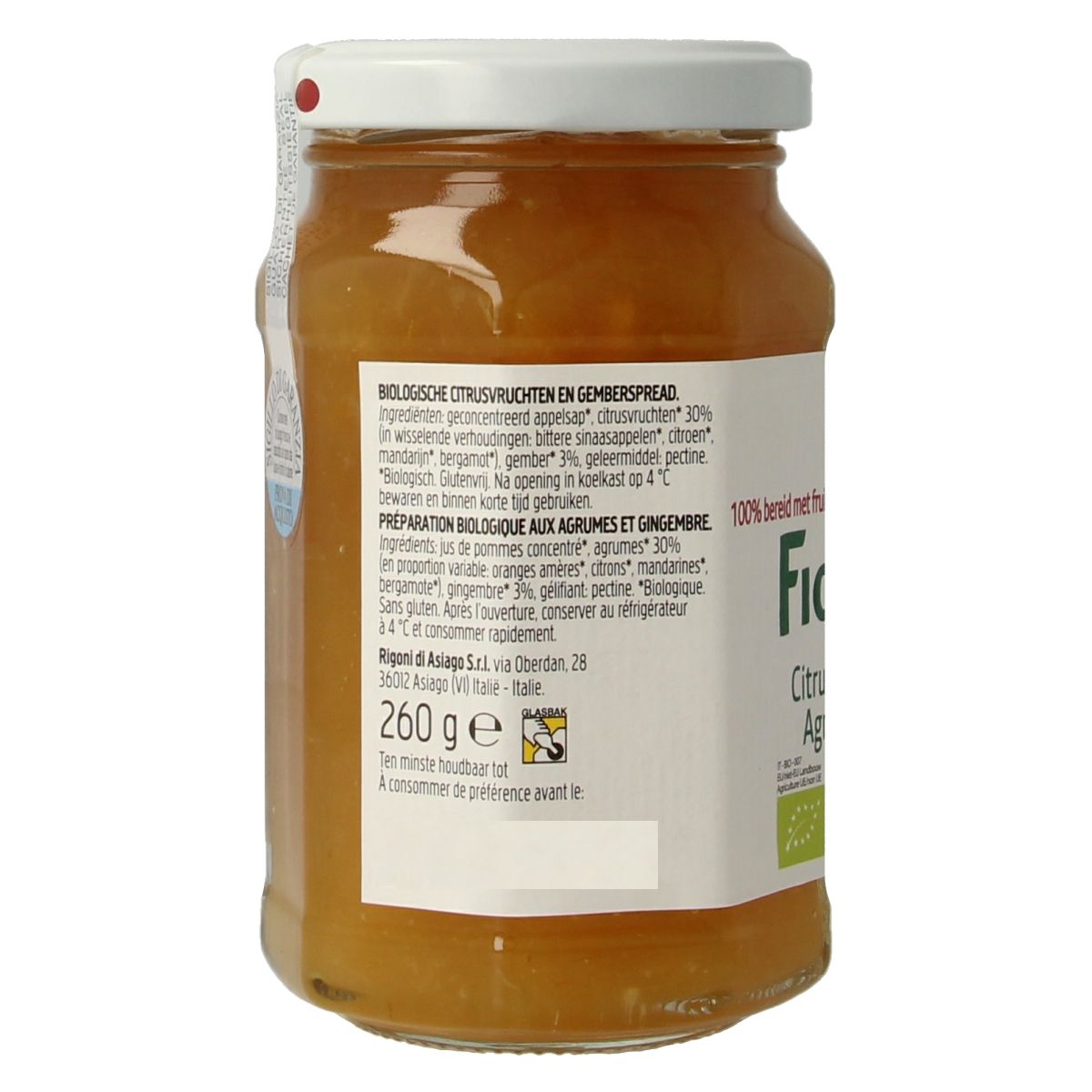 Fiordifrutta Citrusmix ginger jam bio as a natural spread on bread, 260 grams, showcasing the jar and colorful label.