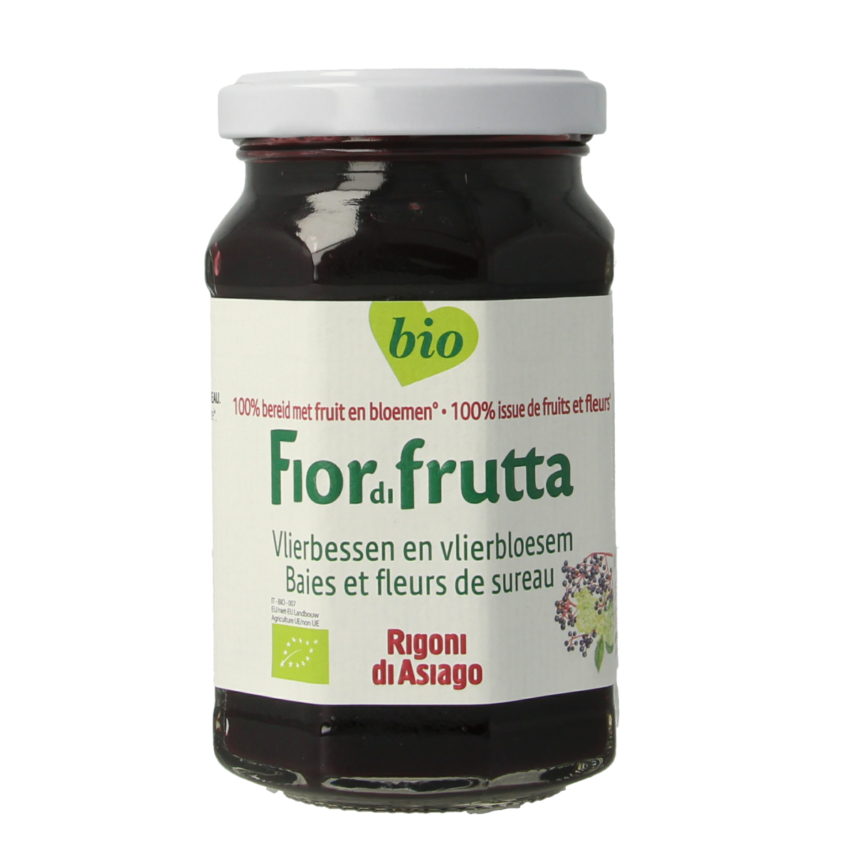 Fiordifrutta Vlierbloesem and elderberry jam spread on bread, organic fruit preserve in a 250g jar.
