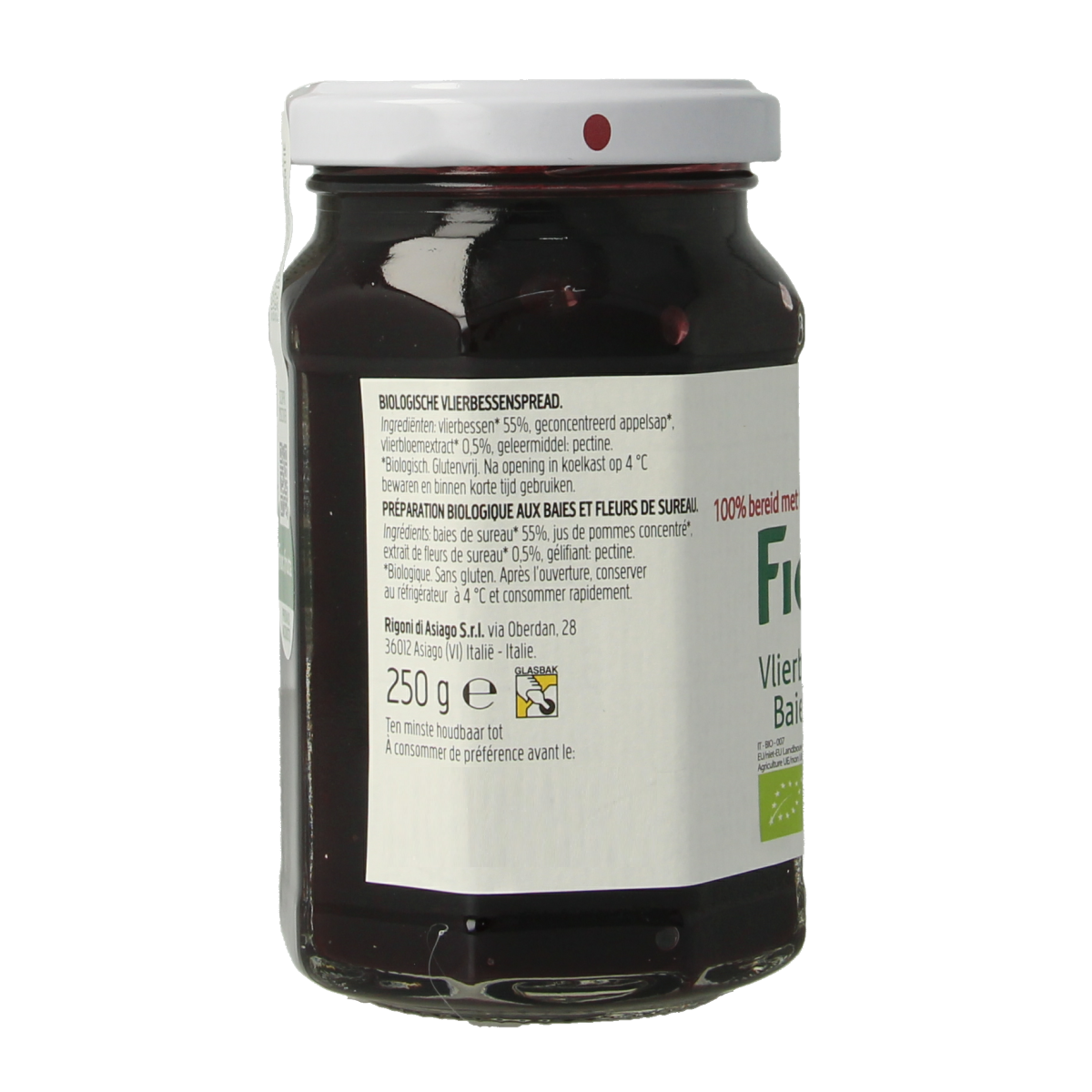 Fiordifrutta bio blackberry and elderflower fruit spread on bread, 250g jar, natural and organic broodbeleg.